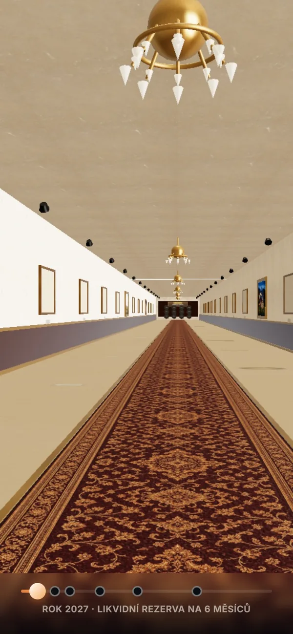 3D jízda finančním plánem: galerie cílů, rok 2027 likvidní rezerva na 6 měsíců.