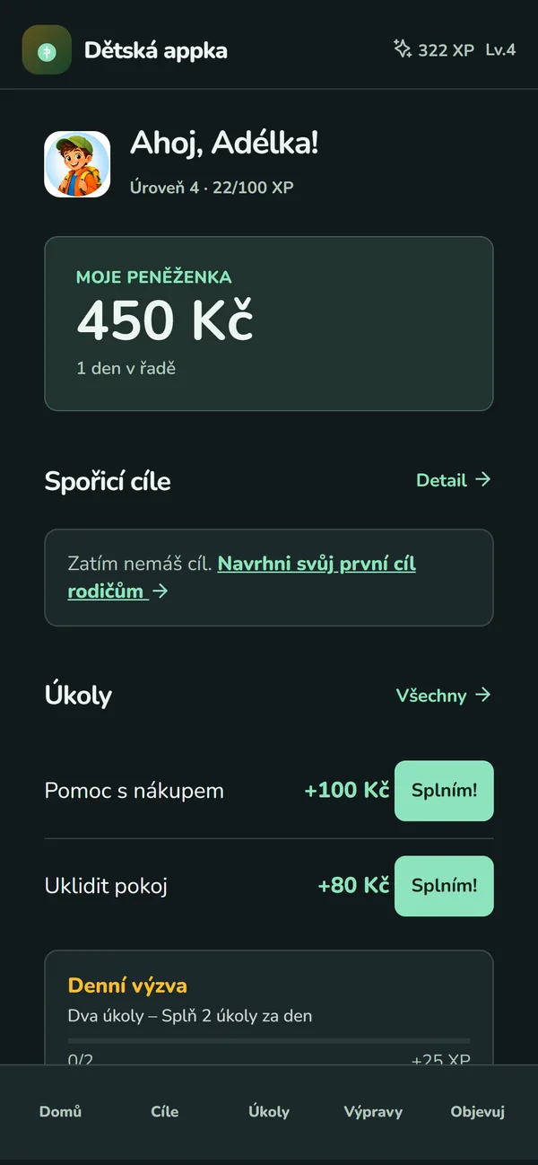 Dětská appka: peněženka 450 Kč a úkoly za odměnu.