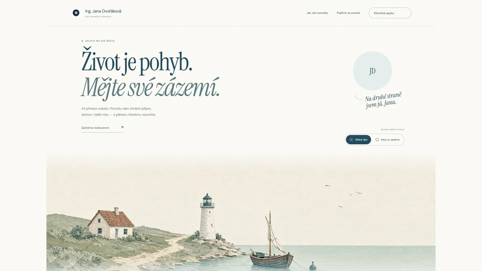 Ukázkový web poradkyně v šabloně s ilustrací majáku a nadpisem Život je pohyb. Mějte své zázemí.