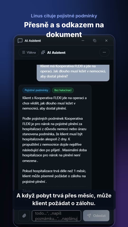 Linus odpovídá na dotaz k pobytu v nemocnici s odkazem na dokument.